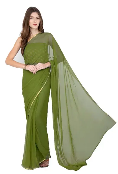 Chiffon Golden Border Solid Sarees with Brocade Work Blouse Piece