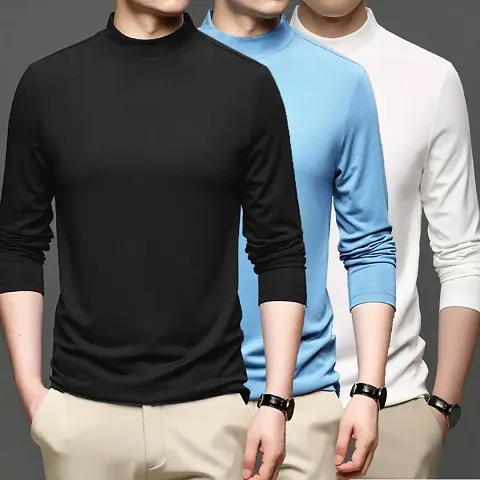Multicolored Polyester Blend Solid Round Neck Full-sleeve Comfortable Tees for Men Combo (Pack of 3)