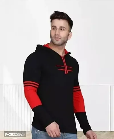 Reliable Black Cotton Blend Colourblocked Hooded Tees For Men-thumb0