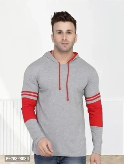 Reliable Grey Cotton Blend Colourblocked Hooded Tees For Men