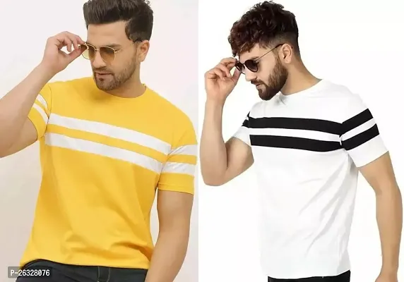 Reliable Cotton Blend Colourblocked Round Neck Tees For Men Pack Of 2