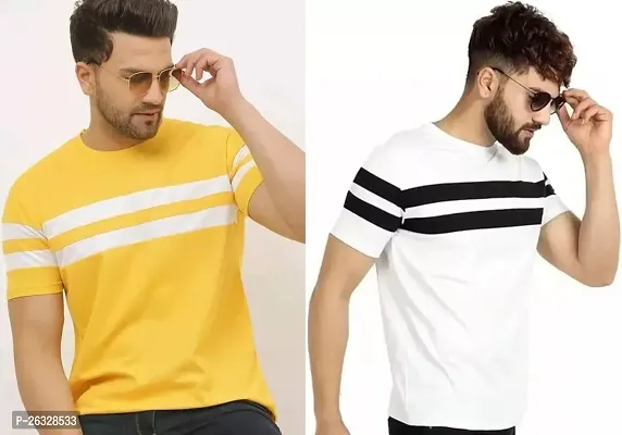 Reliable Cotton Blend Colourblocked Round Neck Tees For Men Pack Of 2