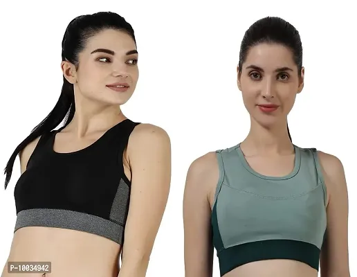 NDLESS SPORTS Polyester Blend Wireless Padded Sports Bra for Yoga, Running, Fitness & Gym Pack of 2 (Black & Light Green, L)-thumb0