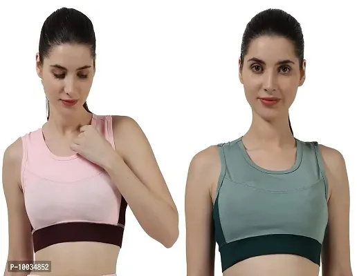 NDLESS SPORTS Polyester Blend Wireless Padded Sports Bra for Yoga, Running, Fitness & Gym Pack of 2 (Pink & Light Green, L)