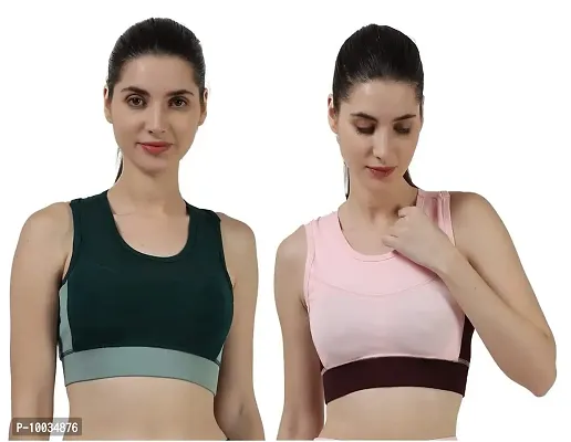 NDLESS SPORTS Polyester Blend Wireless Padded Sports Bra for Yoga, Running, Fitness & Gym Pack of 2 (Bottle Green & Pink, XL)