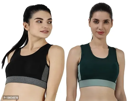 NDLESS SPORTS Polyester Blend Wireless Padded Sports Bra for Yoga, Running, Fitness & Gym Pack of 2 (Black & Bottle Green, M)-thumb0