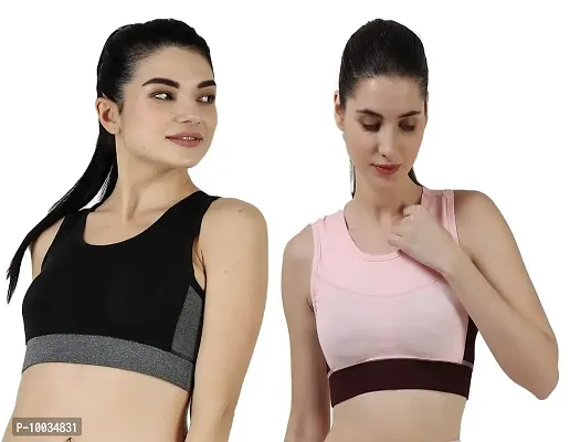NDLESS SPORTS Polyester Blend Wireless Padded Sports Bra for Yoga, Running, Fitness & Gym Pack of 2 (Black & Pink, M)-thumb0