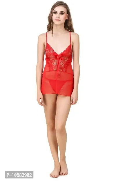 PYXIDIS Net and Lace Babydoll Nighty and Panty Set for Women and Girls Red-thumb5