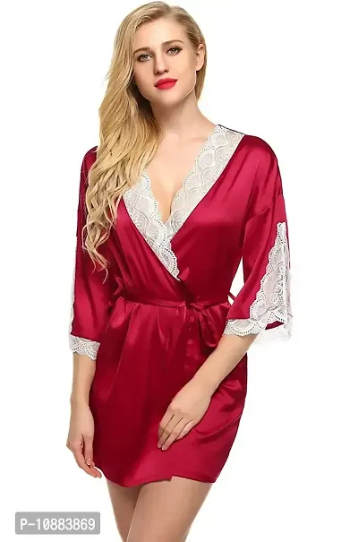 PYXIDIS Satin and Lace Nightwear Robe for Women and Girls Maroon