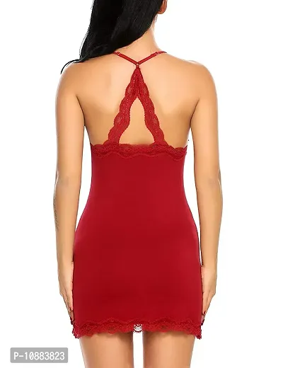 PYXIDIS Viscose and Lace Babydoll Dress Nightwear for Women Red-thumb2