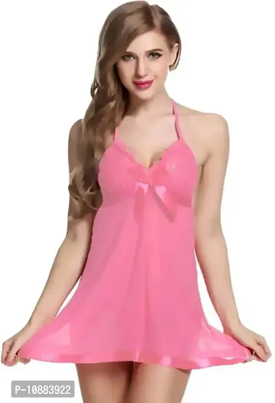 PYXIDIS Net and Lace Babydoll Dress with Panty Nightwear Nighty Light Pink