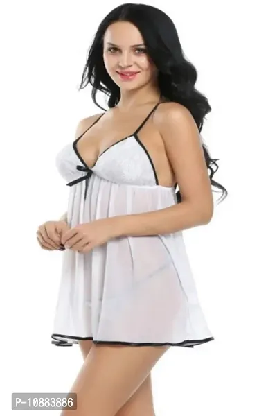 PYXIDIS Women Net and Lace Babydoll Nighty Dress Nightwear White-thumb4