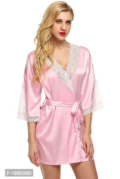 PYXIDIS Satin and Lace Nightwear Robe for Women and Girls Light Pink-thumb5