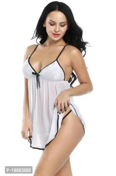 PYXIDIS Women Net and Lace Babydoll Nighty Dress Nightwear White-thumb3