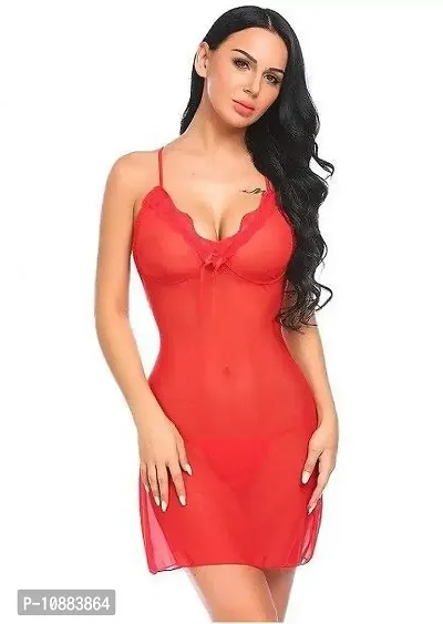 PYXIDIS Net and Lace Babydoll/Chemise Nightwear Nighty for Women Red-thumb0