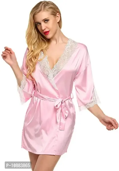 PYXIDIS Satin and Lace Nightwear Robe for Women and Girls Light Pink-thumb4