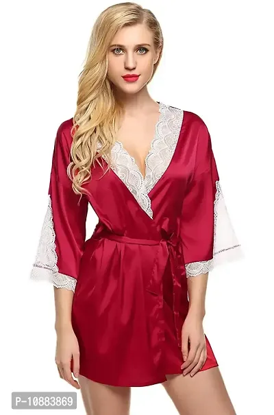 PYXIDIS Satin and Lace Nightwear Robe for Women and Girls Maroon-thumb5