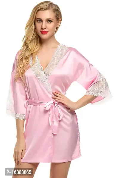 PYXIDIS Satin and Lace Nightwear Robe for Women and Girls Light Pink-thumb0