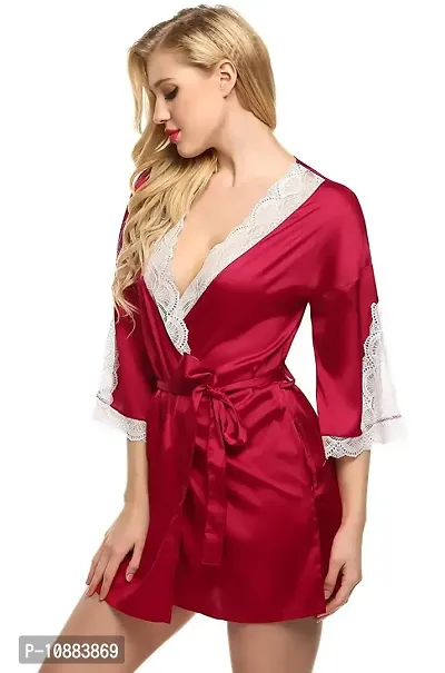 PYXIDIS Satin and Lace Nightwear Robe for Women and Girls Maroon-thumb4