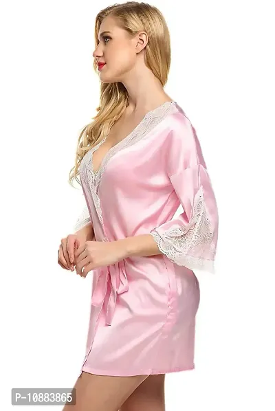 PYXIDIS Satin and Lace Nightwear Robe for Women and Girls Light Pink-thumb3