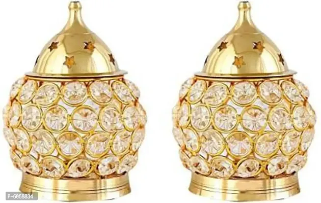 Set of 2 Brass Akhand Diya | Diamond Crystal Deepak/Dia.
