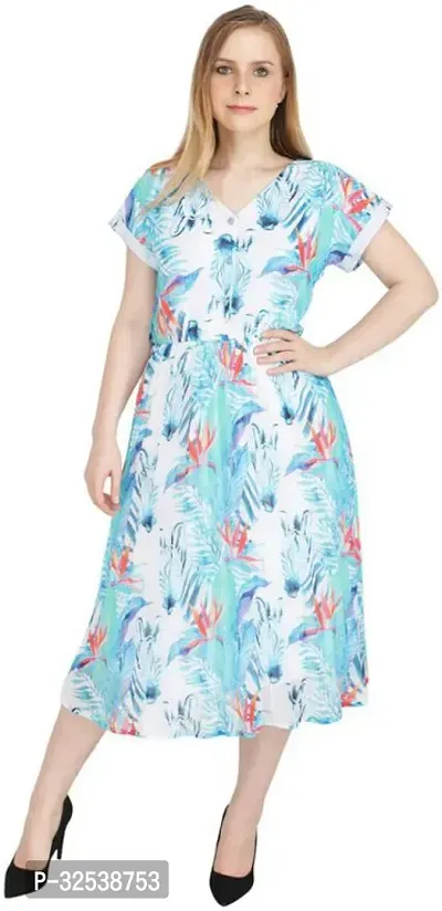 Stylish Blue Georgette Printed Fit And Flare Dress For Women-thumb0