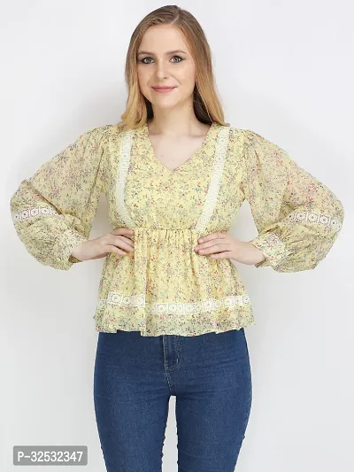 Elegant Yellow Georgette Printed Top For Women-thumb0