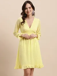 Stylish Yellow Georgette Self Pattern Fit And Flare Dress For Women-thumb1