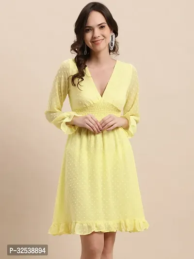 Stylish Yellow Georgette Self Pattern Fit And Flare Dress For Women-thumb2