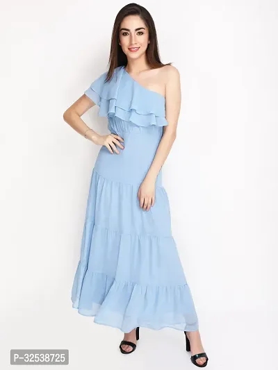 Stylish Blue Georgette Self Pattern Fit And Flare Dress For Women-thumb0