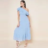 Stylish Blue Georgette Solid Fit And Flare Dress For Women-thumb3