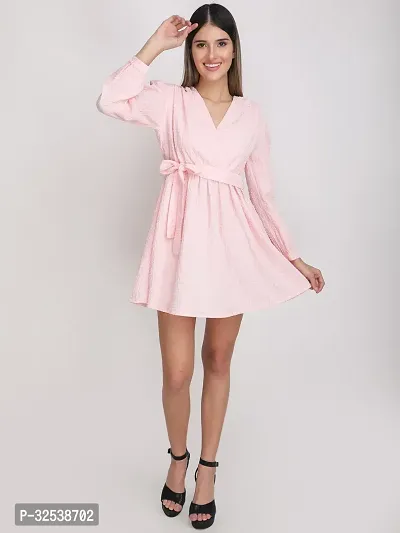 Stylish Pink Polyester Self Pattern Fit And Flare Dress For Women-thumb0