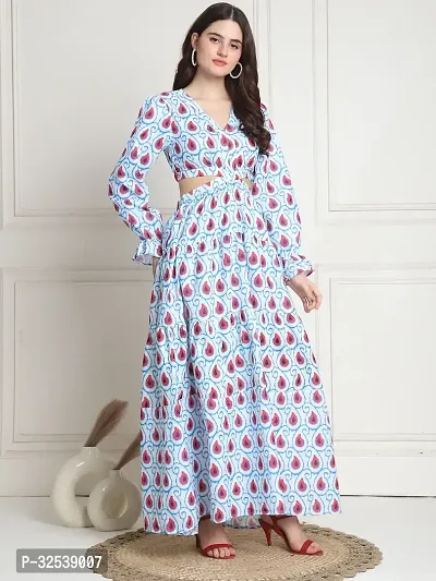 Stylish Blue Polyester Printed Fit And Flare Dress For Women-thumb4