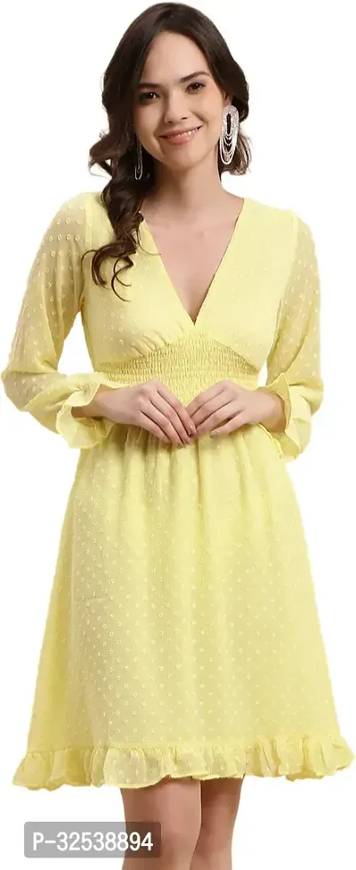 Stylish Yellow Georgette Self Pattern Fit And Flare Dress For Women-thumb0