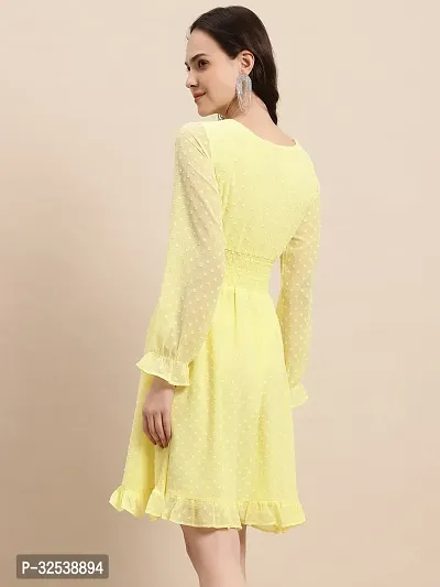 Stylish Yellow Georgette Self Pattern Fit And Flare Dress For Women-thumb3