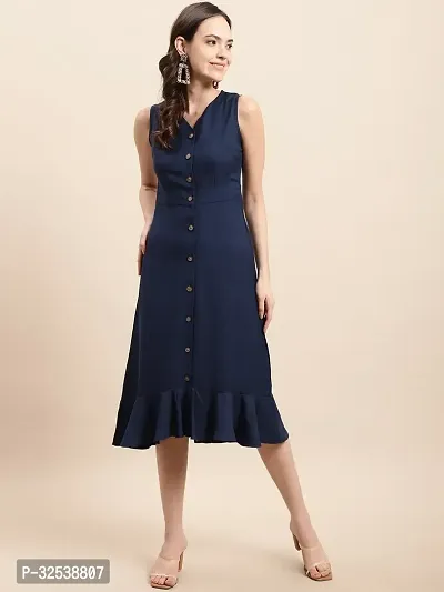 Stylish Navy Blue Georgette Solid Fit And Flare Dress For Women-thumb2