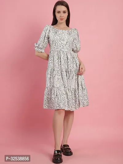 Stylish White Polyester Printed Fit And Flare Dress For Women-thumb2