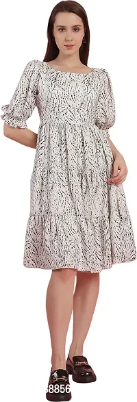 Stylish White Polyester Printed Fit And Flare Dress For Women-thumb0