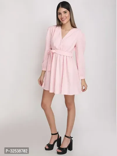 Stylish Pink Polyester Self Pattern Fit And Flare Dress For Women-thumb3