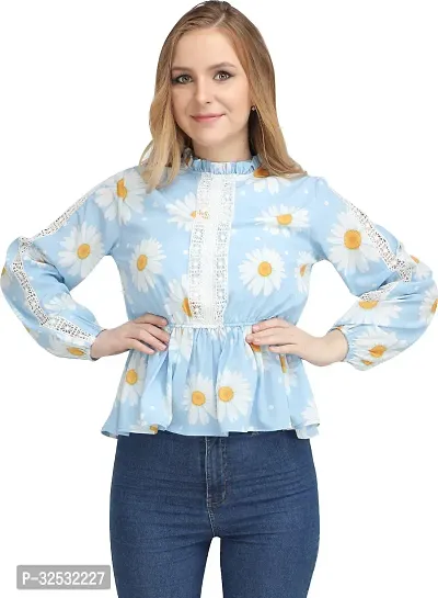 Elegant Blue Crepe Printed Top For Women-thumb0