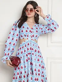 Stylish Blue Polyester Printed Fit And Flare Dress For Women-thumb1