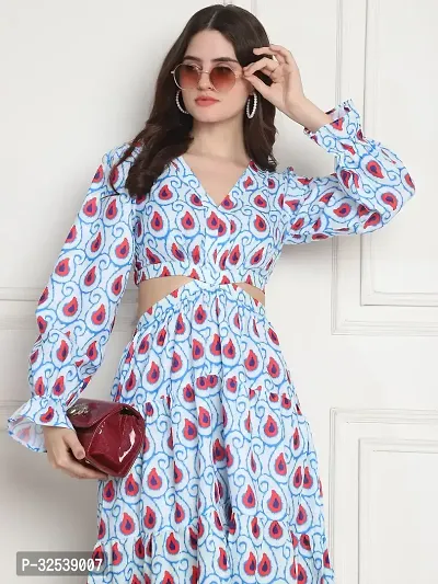 Stylish Blue Polyester Printed Fit And Flare Dress For Women-thumb2