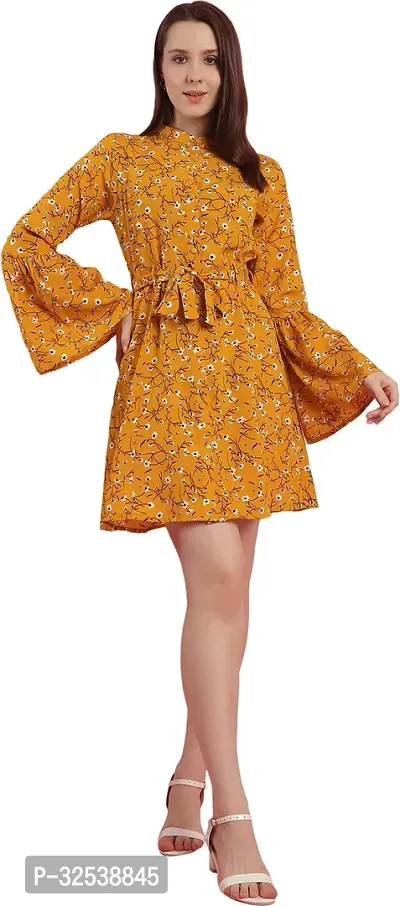 Stylish Yellow Polyester Printed Fit And Flare Dress For Women-thumb0