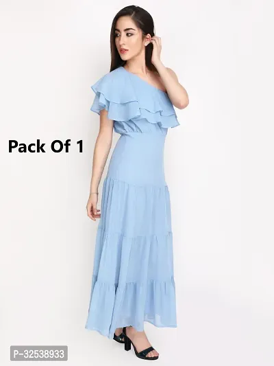 Stylish Blue Georgette Self Pattern Fit And Flare Dress For Women-thumb3