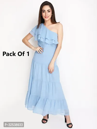 Stylish Blue Georgette Self Pattern Fit And Flare Dress For Women-thumb0