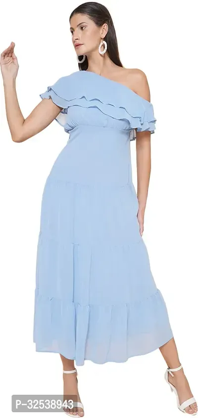 Stylish Blue Georgette Solid Fit And Flare Dress For Women-thumb0