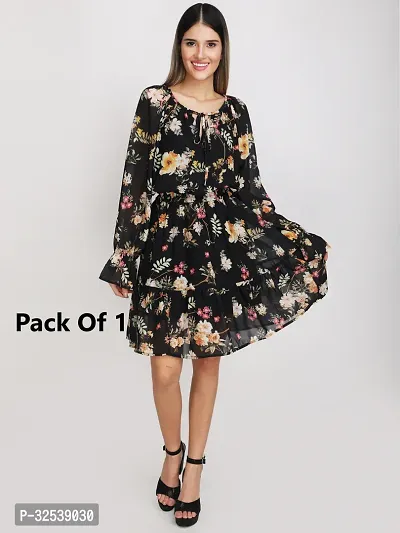 Stylish Black Polyester Printed Fit And Flare Dress For Women-thumb0