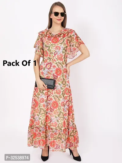 Stylish Multicoloured Georgette Printed Fit And Flare Dress For Women-thumb0