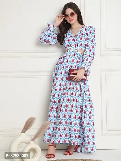 Stylish Blue Polyester Printed Fit And Flare Dress For Women-thumb0