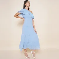 Stylish Blue Georgette Solid Fit And Flare Dress For Women-thumb2